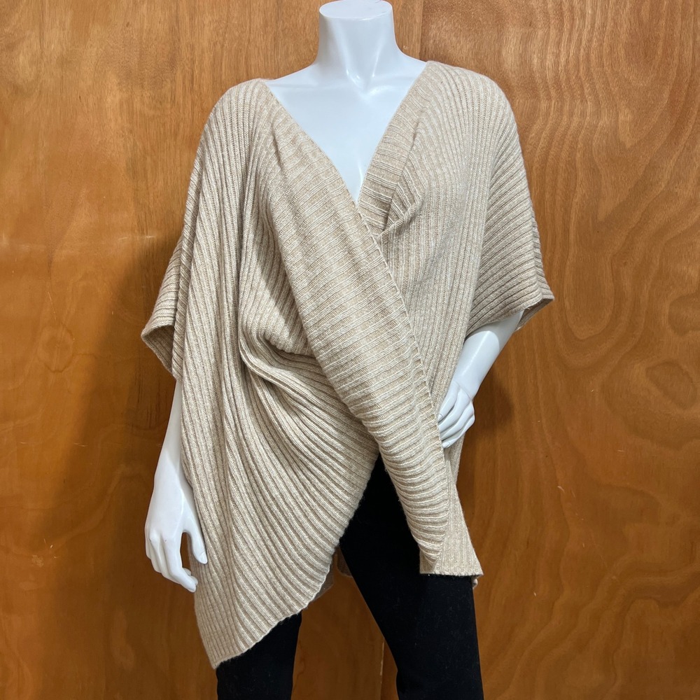 By Anthropologie Beige Wool Blend Rib Knit Oversized Poncho Wrap Sweater OS